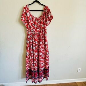 Cato 22/24W Floral Red Maxi Dress vibrant summer statement color & pockets